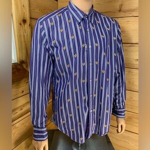 Robert‎ Graham Large Purple Blue White Striped Dress Embroidered Shirt Flip Flop